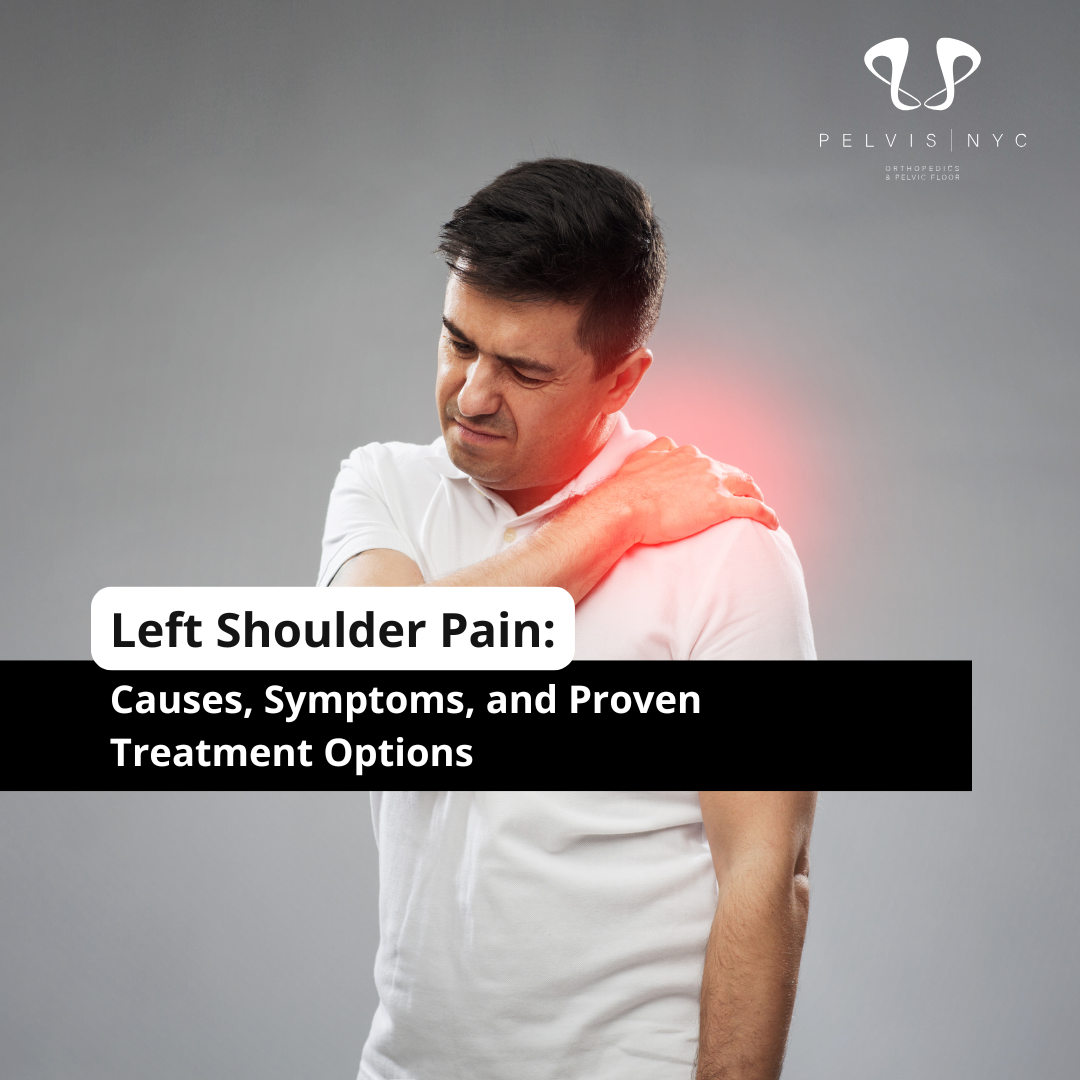 Man holding his left shoulder in pain, representing common symptoms of left shoulder pain and stiffness.